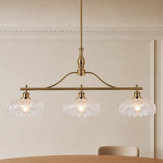 Vintage Brass 3-Light Linear Chandelier with Textured Glass Shade