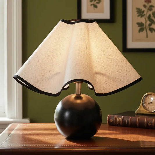 Natural Style Walnut Wood Base Table Lamp with Wave-Shaped Fabric Lampshade
