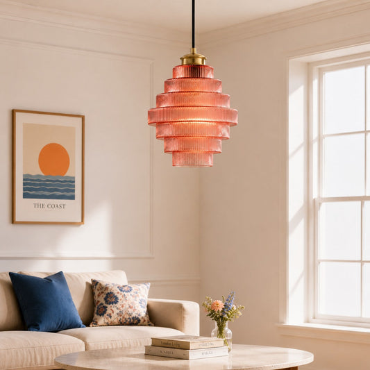 Art Deco Vintage Tiered Ribbed Glass Pendant Light