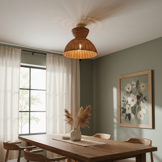 Rustic Rattan Semi-Flush Ceiling Light For Low-Ceiling Spaces