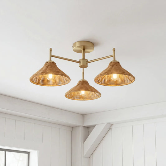 Classic Rattan 3 Light Semi-Flush Ceiling Light for Dining Room & Living Room