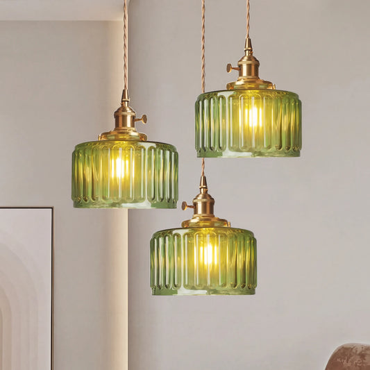 Vintage Cylinder Ribbed Glass Pendant Light