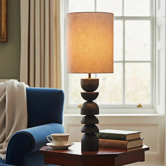 Modern Sculptural Charred Wood Linen Shade Tall Table Light