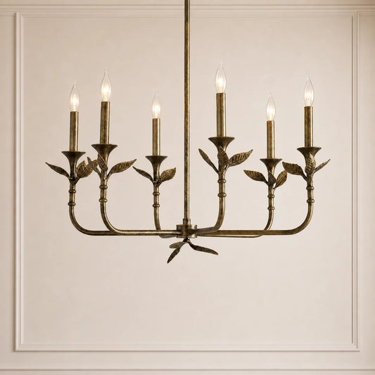 Antique Brass 6-Light Botanical Forged Iron Chandelier
