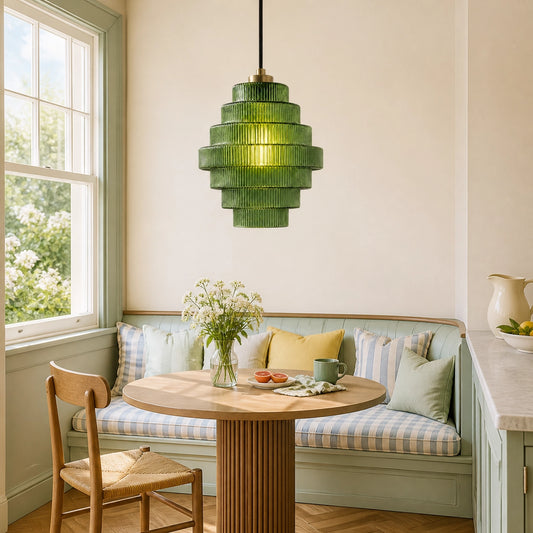 Art Deco Bottle Shape Vintage Tiered Ribbed Glass Pendant Light