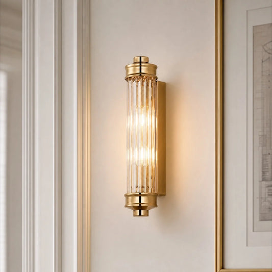 Art Deco Vertical Ribbed Glass Cylindrical Wall Sconce