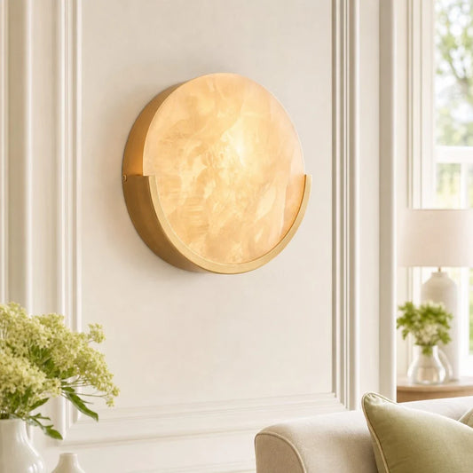 Contemporary Round Alabaster Wall Sconce In Antiqued Brass
