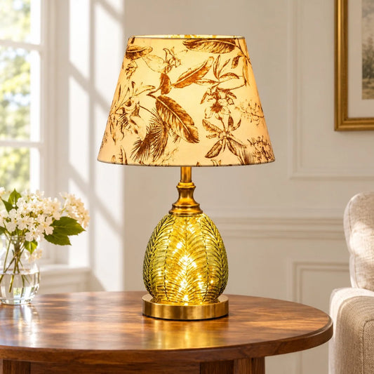 Dark Green Glass Bedside Table Lamp with Fabric Shade