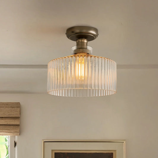 Doto Vintage Ribbed Glass Drum Flush Mount Ceiling Light