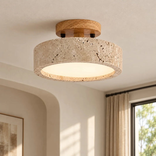 Elara Natural Travertine Wood LED Flush Ceiling Light