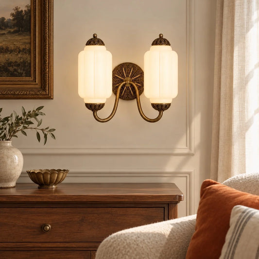 Evelyn Vintage Milk Glass Double Eloise Scallop Wall Light