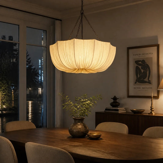 Ivory Pleated Fabric Bowl Pendant Light - view 2