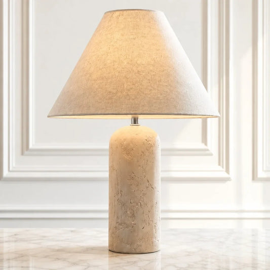 Minimalist Travertine Linen Conical Table Light