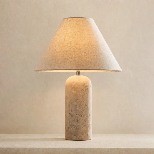Minimalist Travertine Linen Conical Table Light