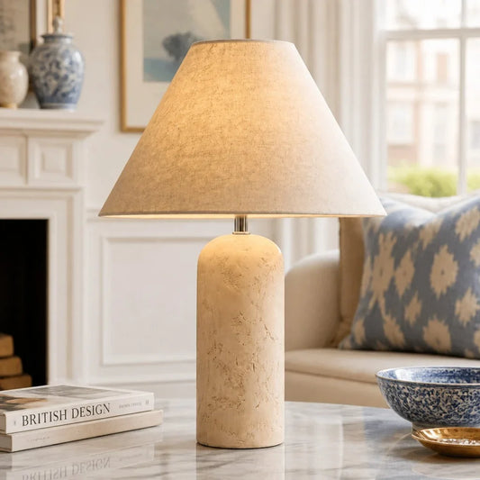 Minimalist Travertine Linen Conical Table Light