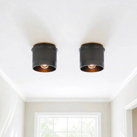 Two black ceiling lights on a white ceiling with a window in the background.