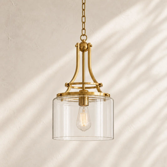 Modern Brushed Brass Clear Cylinder Glass Pendant Light