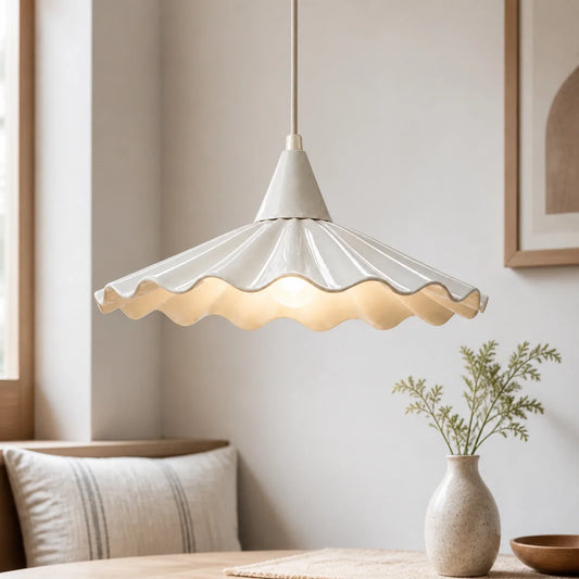 Modern Cottage Scalloped Ceramic Gloss White Pendant Light