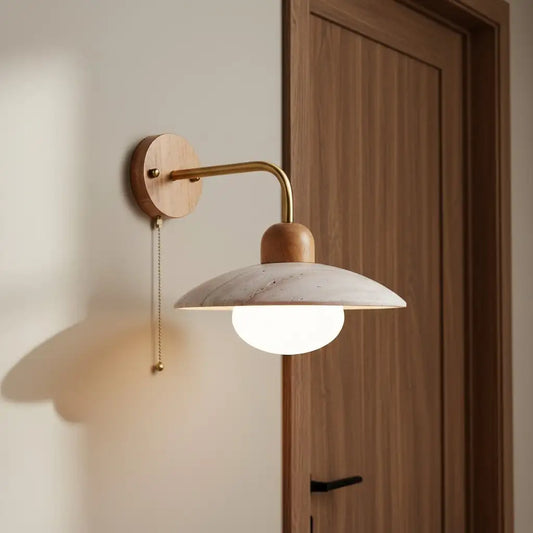 Modern Disc Travertine Wood Wall Sconce