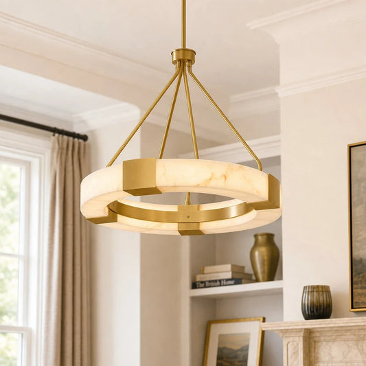 Modern Gold LED Ring Chandelier with Alabaster Shade