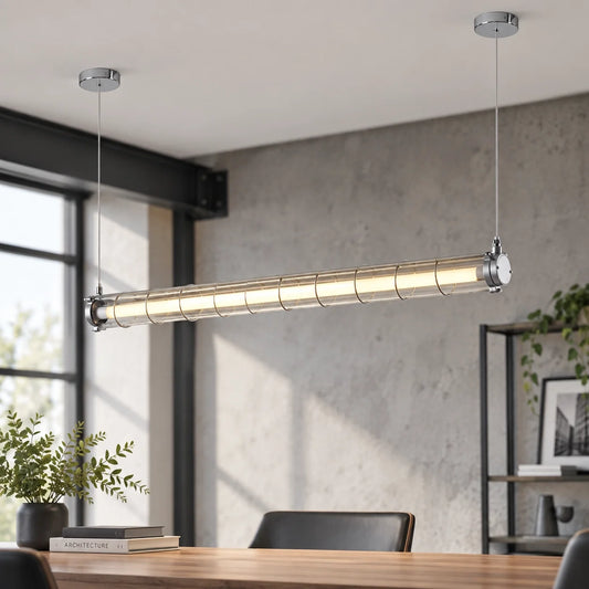 Modern Industrial Silver Metal Cage Linear Pendant Light