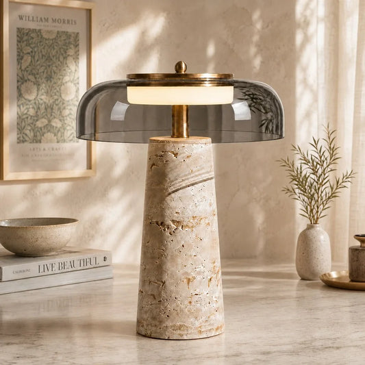 Wabi-Sabi Mushroom Travertine Glass LED Table Lamp