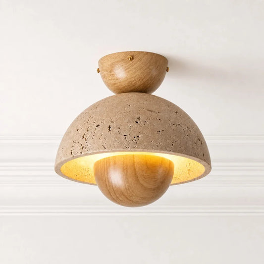 Modern Travertine Wood Hemisphere Ceiling Light
