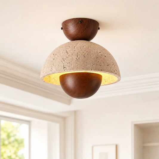 Modern Travertine Wood Hemisphere Ceiling Light