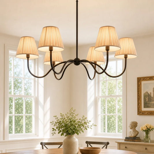 Modern Brass Fabric Lampshade 6-Head Pendant Light