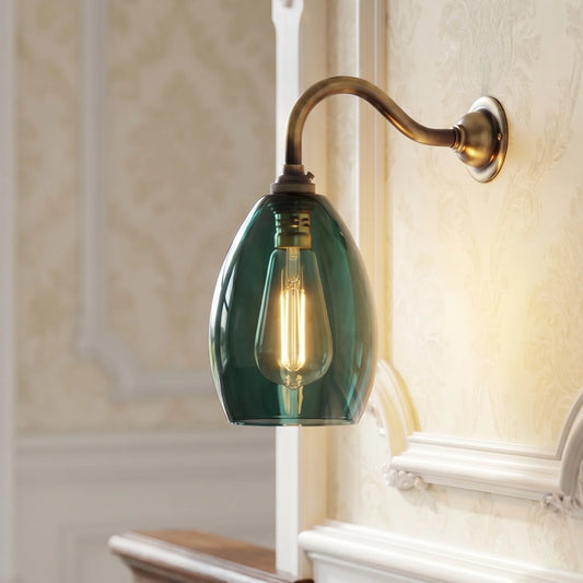 Vintage Elegant Handblown Curved Teal Glass Wall Light