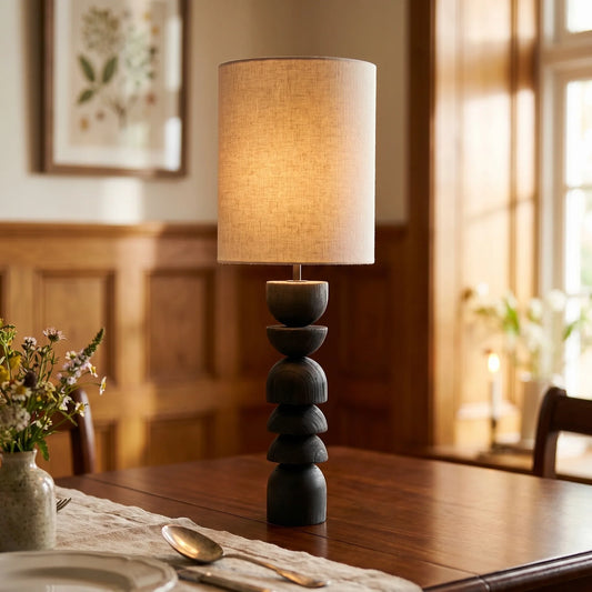 Modern Sculptural Charred Wood Linen Shade Tall Table Light