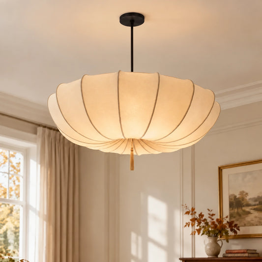 Modern Vintage Art Deco-Inspired Ivory Fabric Pendant Light