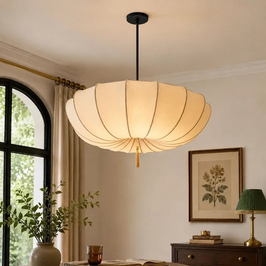 Modern Vintage Art Deco-Inspired Ivory Fabric Pendant Light