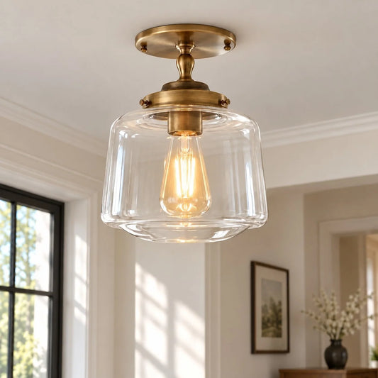 Vintage Brass Glass Schoolhouse Semi Flush Ceiling Light