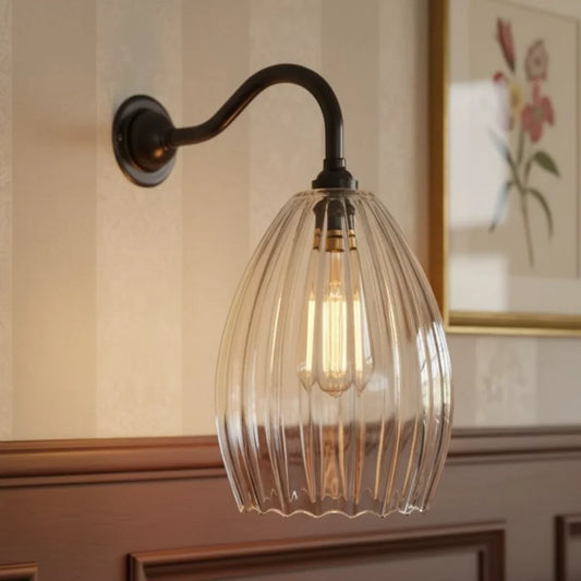 Vintage Curved Arm Ribbed clear Glass Wall Light