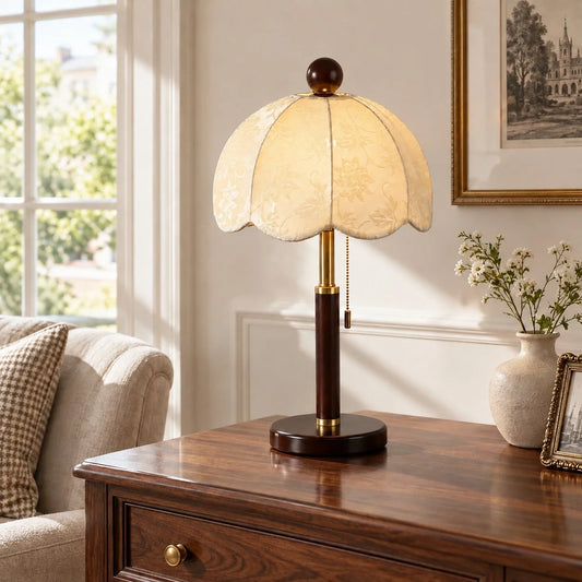 Vintage Fabric Table Lamp with Wooden Base