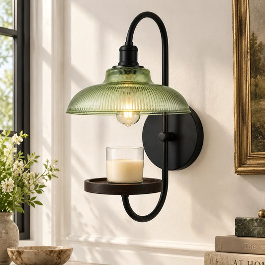 Vintage Green Ribbed Glass Candle Wall Sconce
