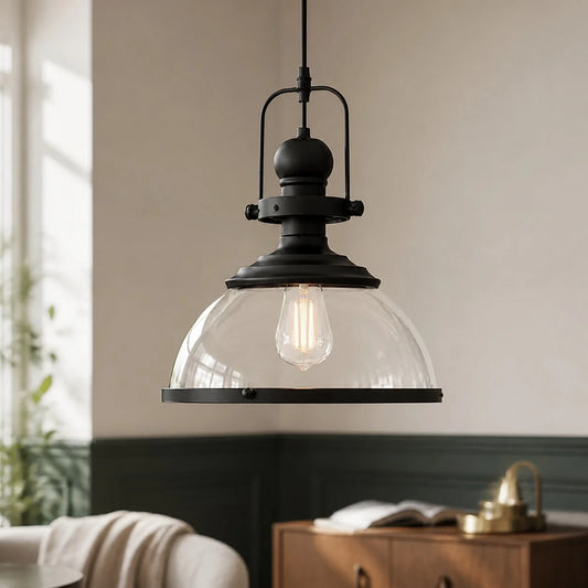 Vintage Industrial Clear Glass Dome Metal Frame Pendant Light