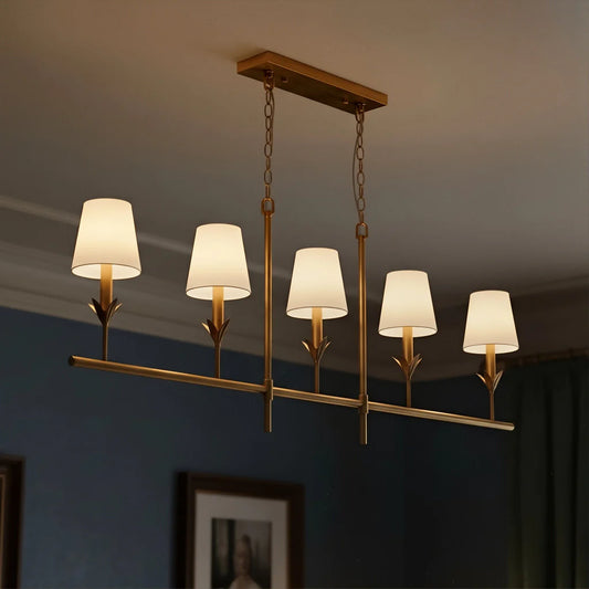 Vintage Linear 5-Head Brass Leaf Chandelier