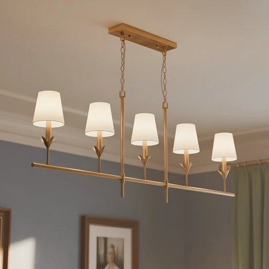 Vintage Linear 5-Head Brass Leaf Chandelier