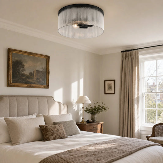 Vintage Ribbed Glass Drum Flush Ceiling Light