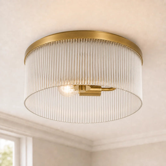 Vintage Ribbed Glass Drum Flush Ceiling Light