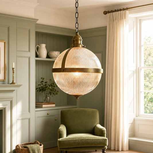 Vintage Brass Glass Globe Pendant Light with Chain