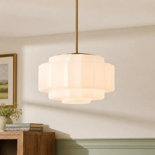 Vintage Brass Tiered Opal Milk Glass Pendant Light