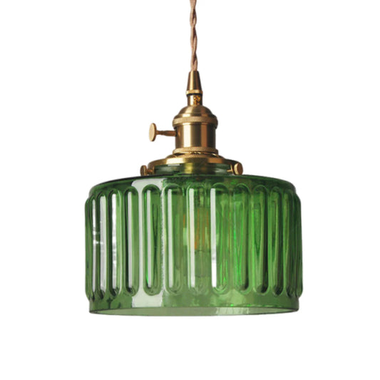 Vintage Cylinder Ribbed Glass Pendant Light