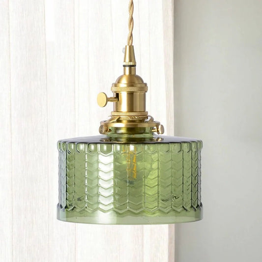 Vintage Cylinder Ribbed Glass Pendant Light