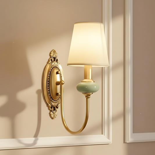 Vintage Fabric Shade Brass & Ceramic Wall Sconce