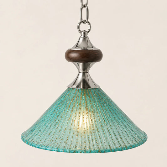 Vintage Peacock Blue Ribbed Glass Pendant Light - view 12
