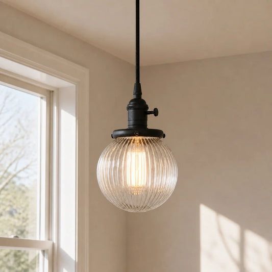 Vintage Ribbed Glass Globe Pendant Light