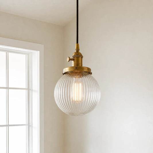 Vintage Ribbed Glass Globe Pendant Light